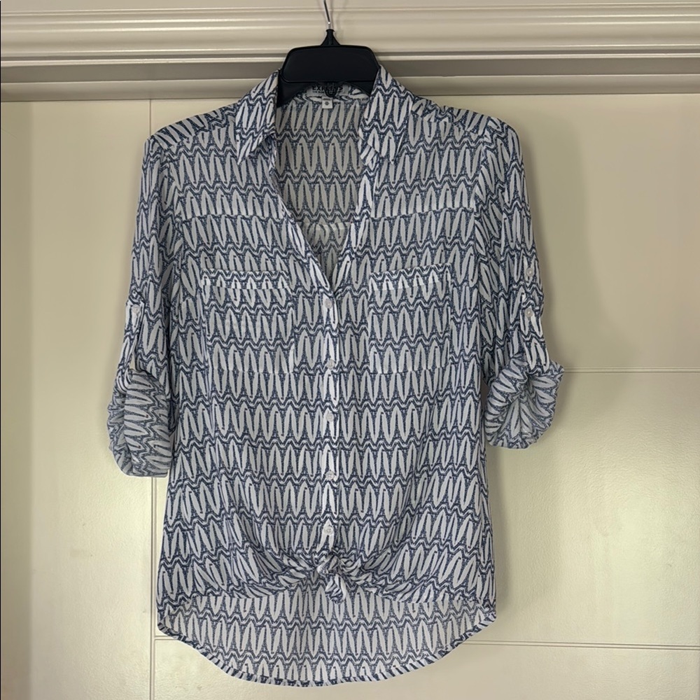 Express Blue and White 3/4 Sleeve Button Down Shirt with cute tie in the front